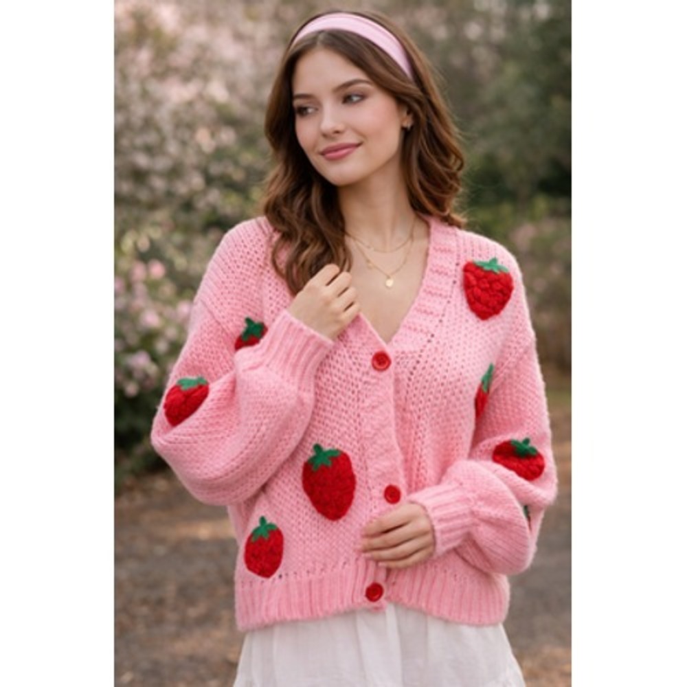 FindThy Sweater Cardigan Womens L Pink Strawberry Chunky‎ Knit Balloon Sleeve